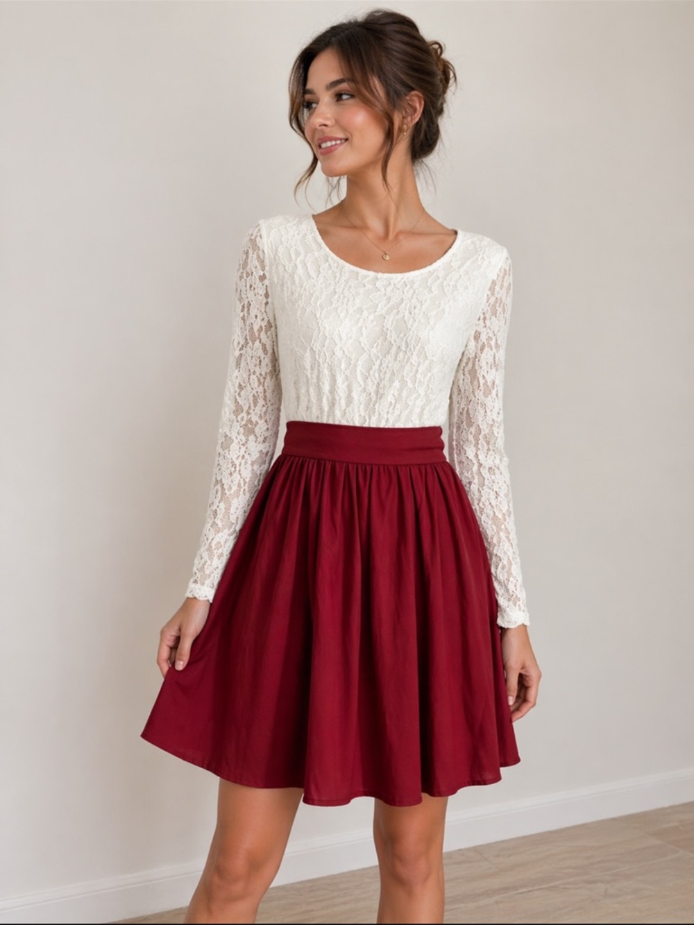 NWOT Red White Lace Dress Long Sleeve Fit & Flare Holiday Party — M
